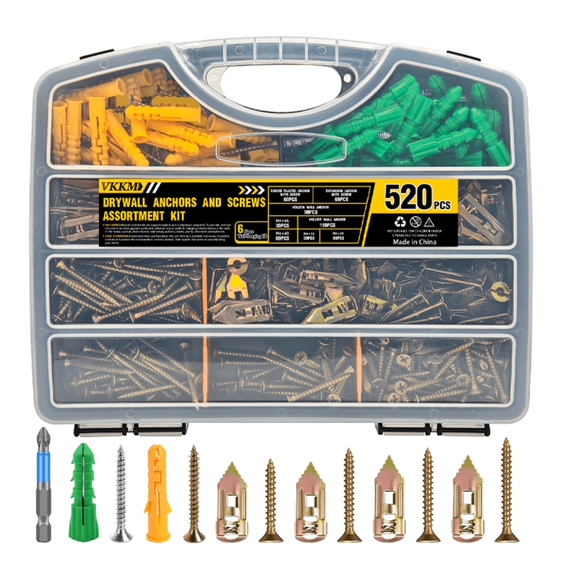 VKKM 520Pcs Drywall Anchors and Screws Kit - Plastic & Metal Wall Plug Assortment