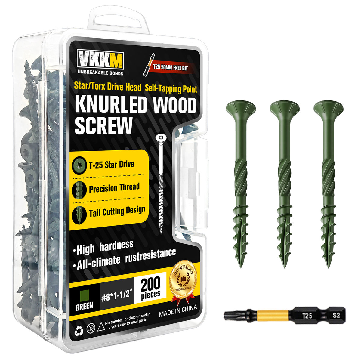 VKKM Green Knurled Wood Screws - T25 Star Drive with Free Bit