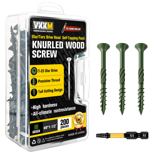 VKKM Green Knurled Wood Screws - T25 Star Drive with Free Bit