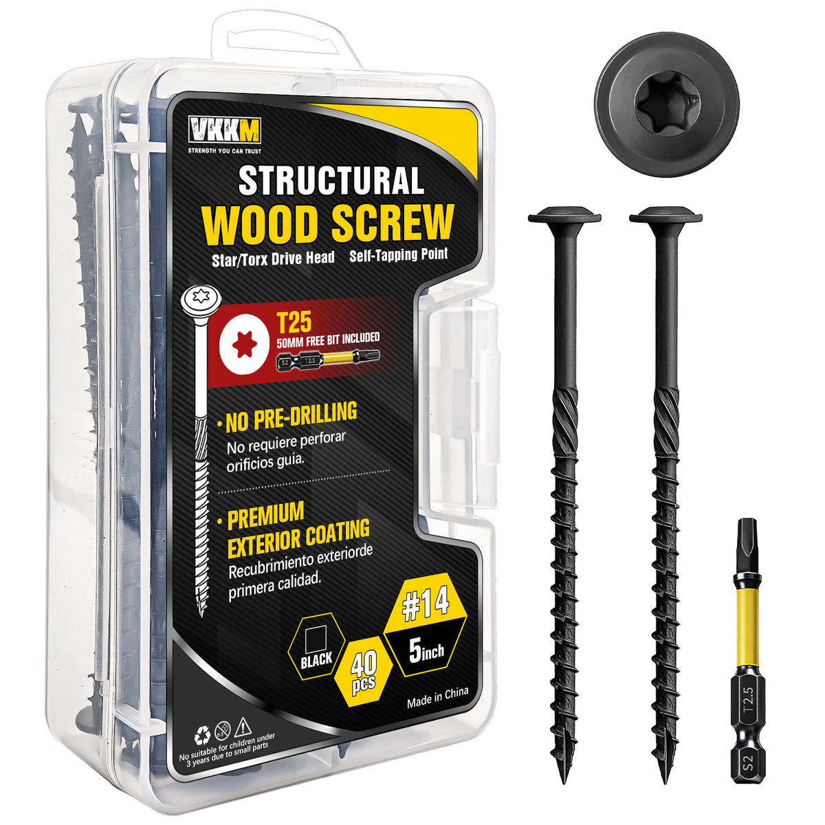 VKKM Black Structural Wood Screws - T30 Torx Flat Head - #14 x 3-6 inch Sizes - Free Bit - image 3