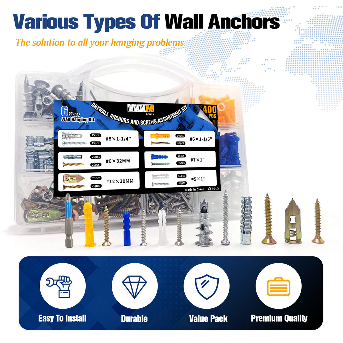 VKKM 400Pcs Drywall Anchors and Screws Kit - Wall Fastener Set with Drill Bit - image 5