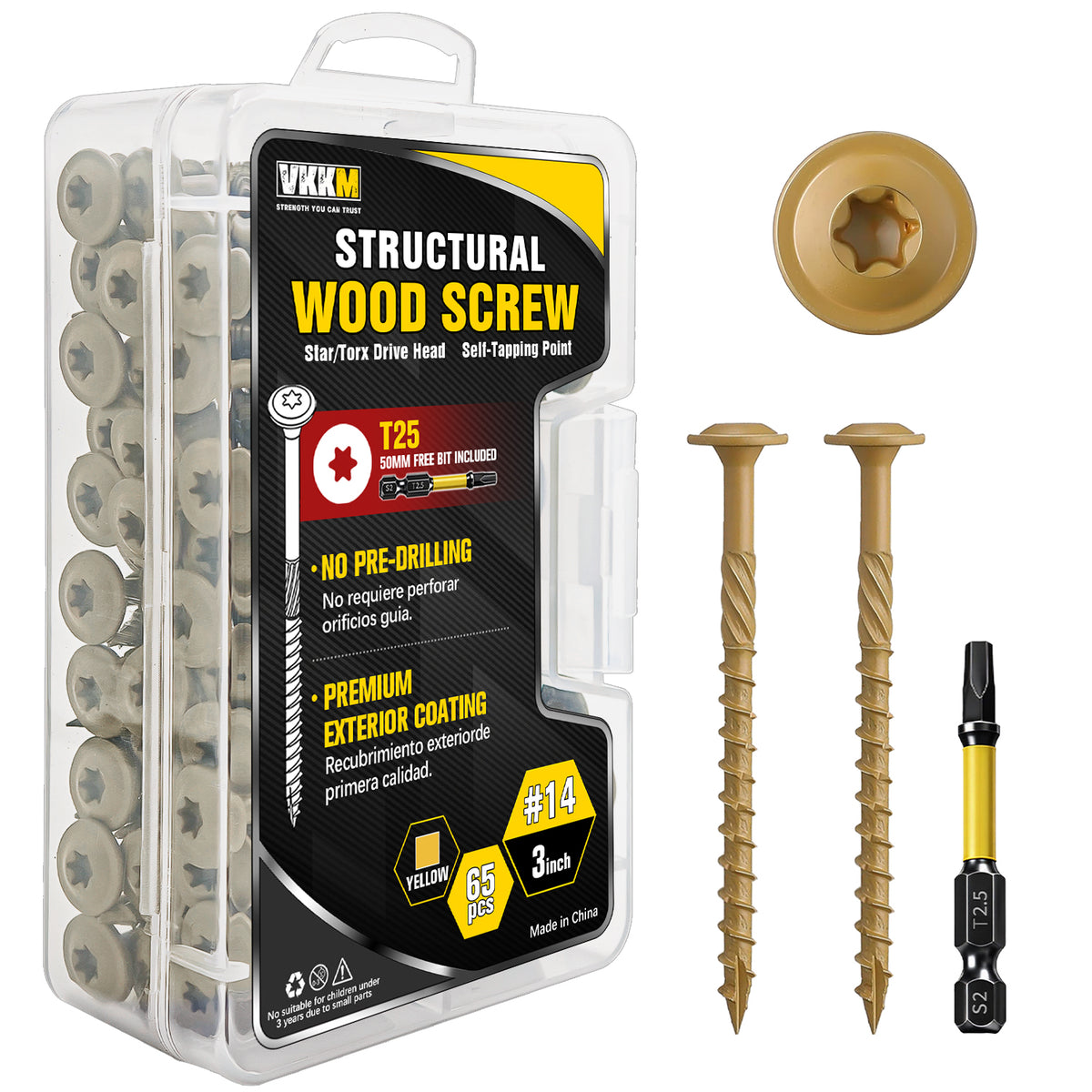 VKKM Yellow-Gold Structural Wood Screws - T30 Torx Flat Head - #14 x 3-6 inch Sizes - Free Bit