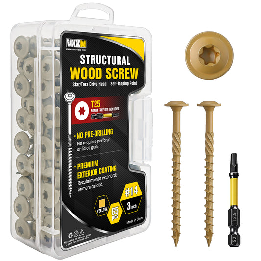 VKKM Yellow-Gold Structural Wood Screws - T30 Torx Flat Head - #14 x 3-6 inch Sizes - Free Bit