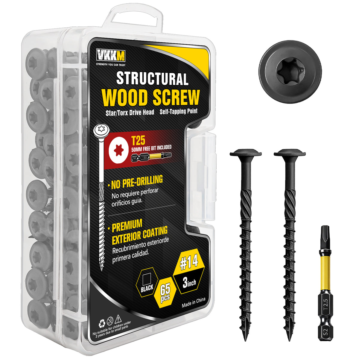 VKKM Black Structural Wood Screws - T30 Torx Flat Head - #14 x 3-6 inch Sizes - Free Bit