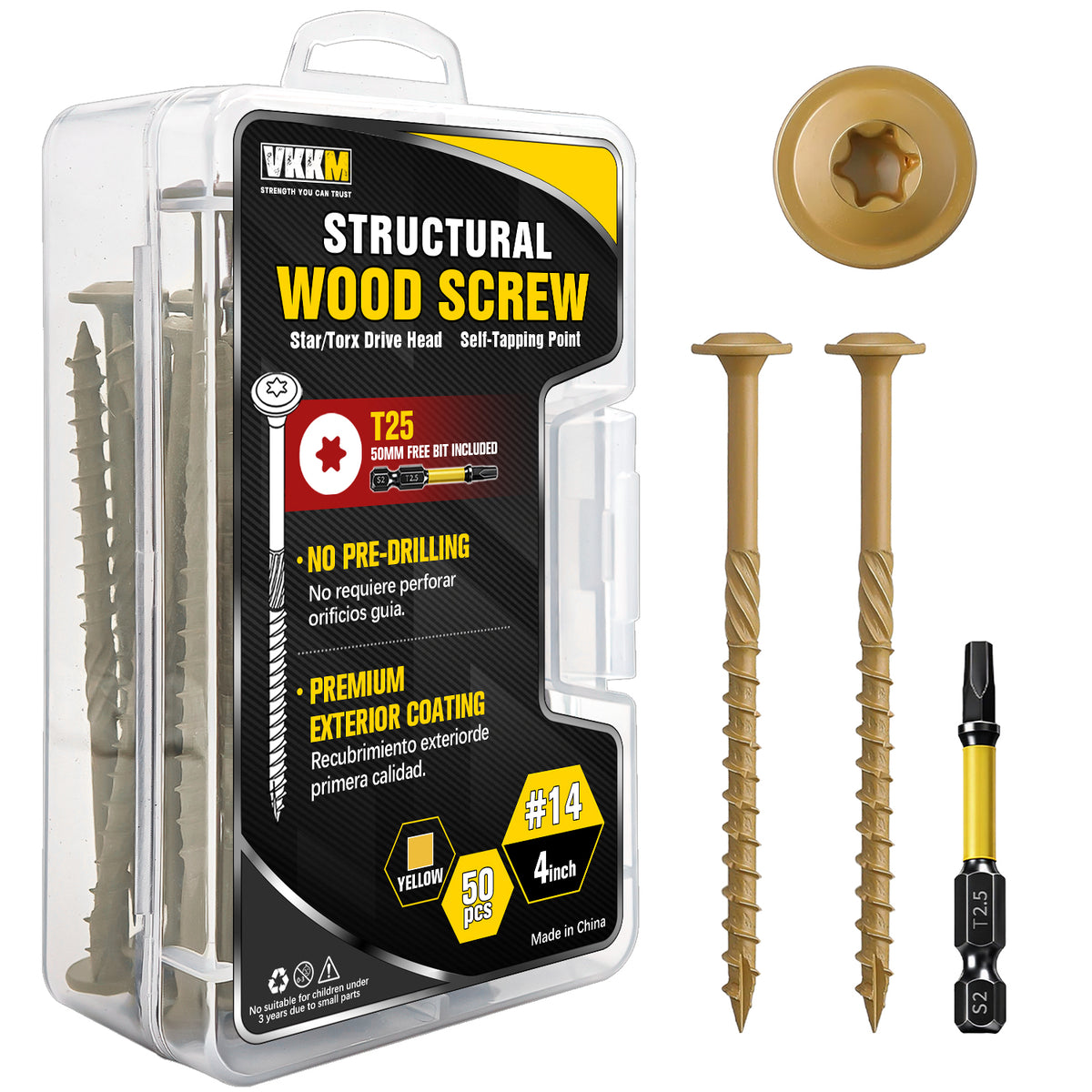 VKKM Yellow-Gold Structural Wood Screws - T30 Torx Flat Head - #14 x 3-6 inch Sizes - Free Bit - image 2