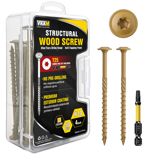 VKKM Yellow-Gold Structural Wood Screws - T30 Torx Flat Head - #14 x 3-6 inch Sizes - Free Bit - image 2