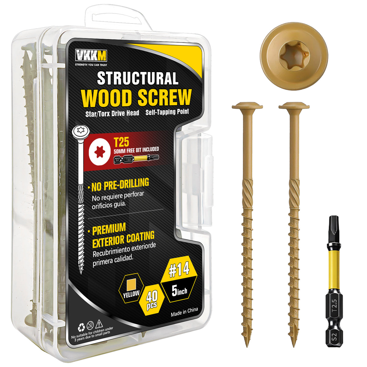 VKKM Yellow-Gold Structural Wood Screws - T30 Torx Flat Head - #14 x 3-6 inch Sizes - Free Bit - image 3