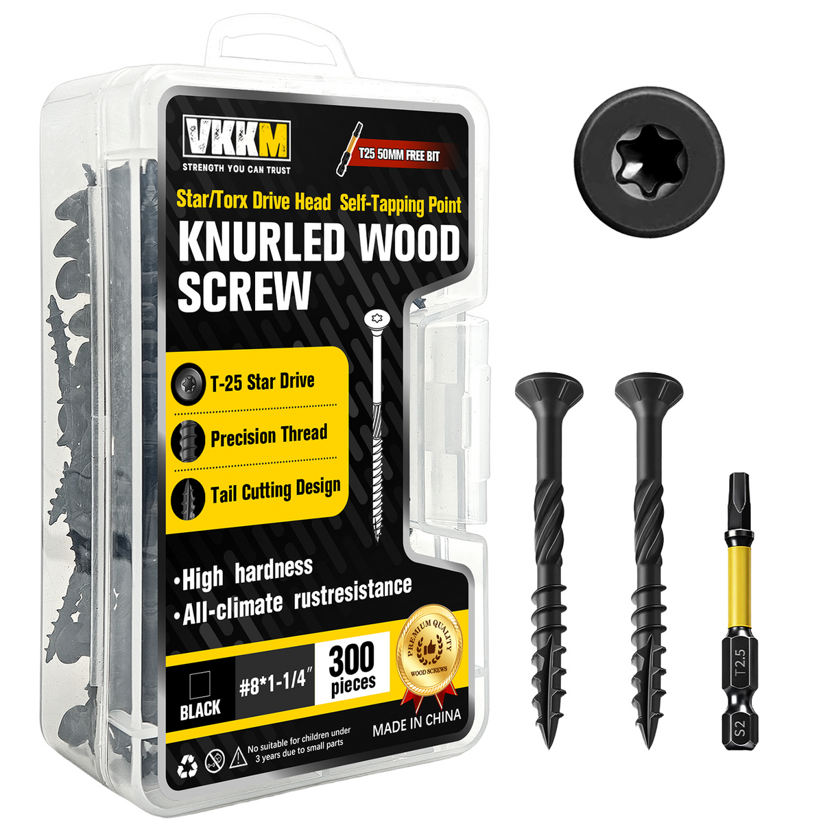 VKKM Black Knurled Wood Screws - T25 Star Drive with Free Bit - image 2