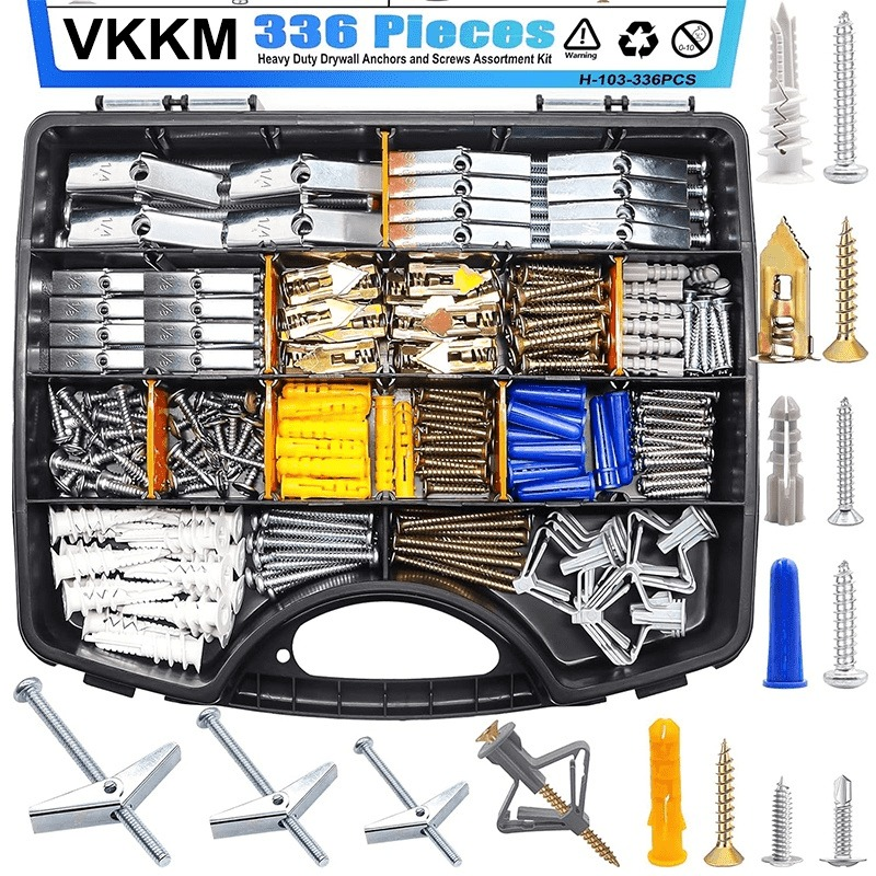 VKKM 336Pcs Drywall Anchors and Screws Kit - Metal & Plastic Wall Plug Assortment