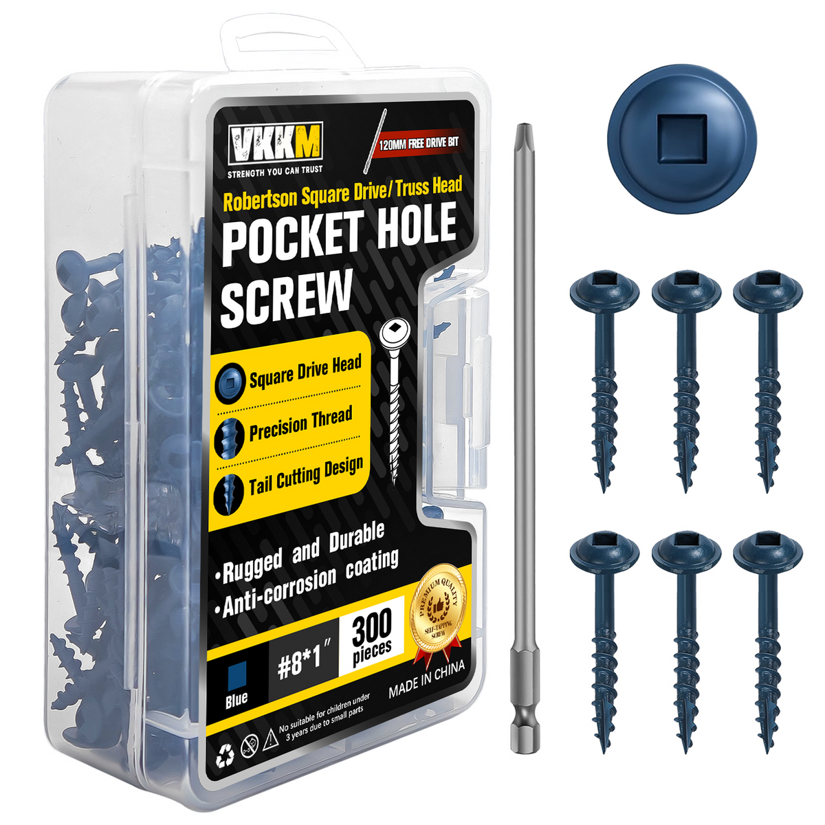 VKKM Blue Pocket Hole Wood Screws - Square Drive Truss Head with Free Bit