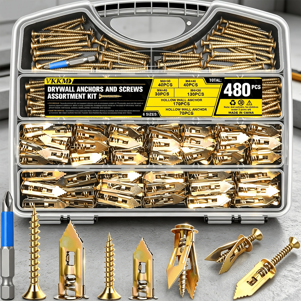 VKKM 480Pcs Hollow Wall Anchors & Screws Kit 6 Sizes Drywall Fastener Set
