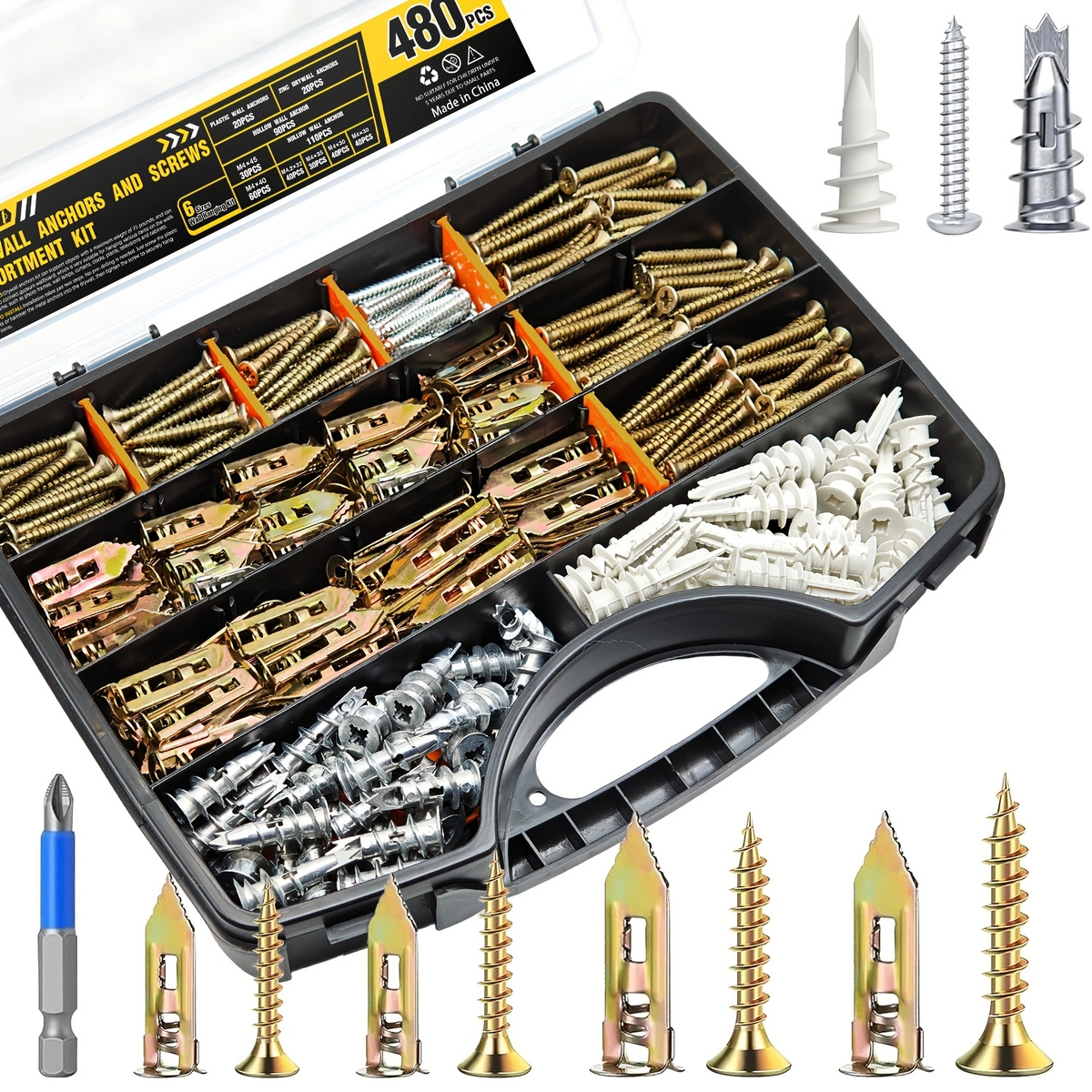 VKKM 480Pcs Drywall Anchors and Screws Kit - Self‑Drilling Wall Plug Assortment