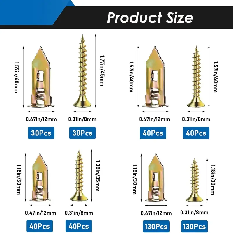VKKM 480Pcs Hollow Wall Anchors & Screws Kit 6 Sizes Drywall Fastener Set - image 3