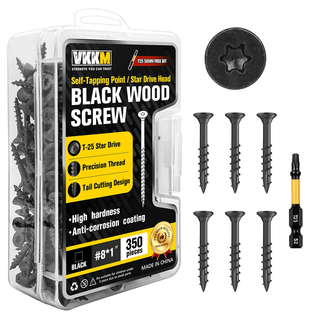 VKKM Black Wood Screws - T25 Star Drive with Free Bit