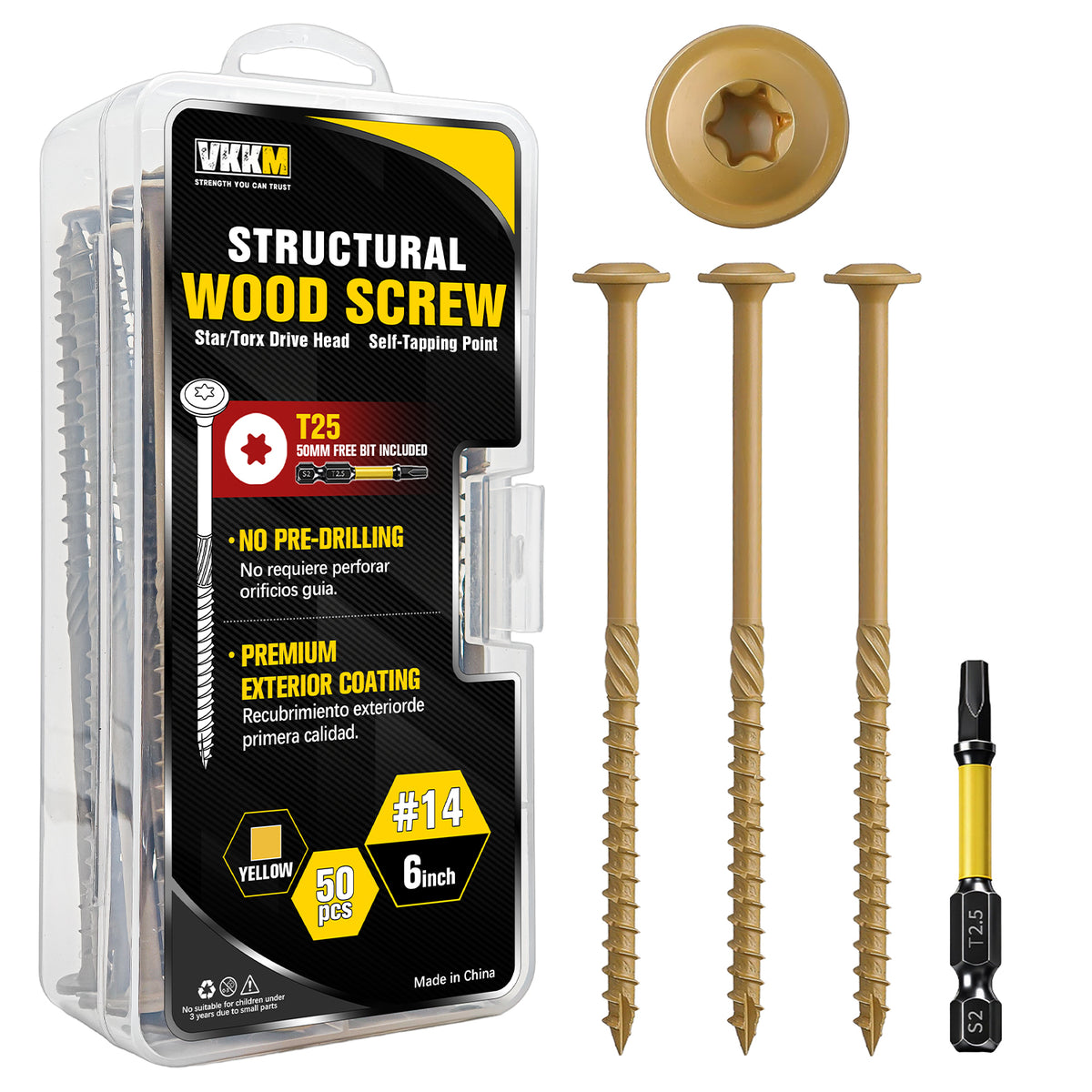 VKKM Yellow-Gold Structural Wood Screws - T30 Torx Flat Head - #14 x 3-6 inch Sizes - Free Bit - image 4