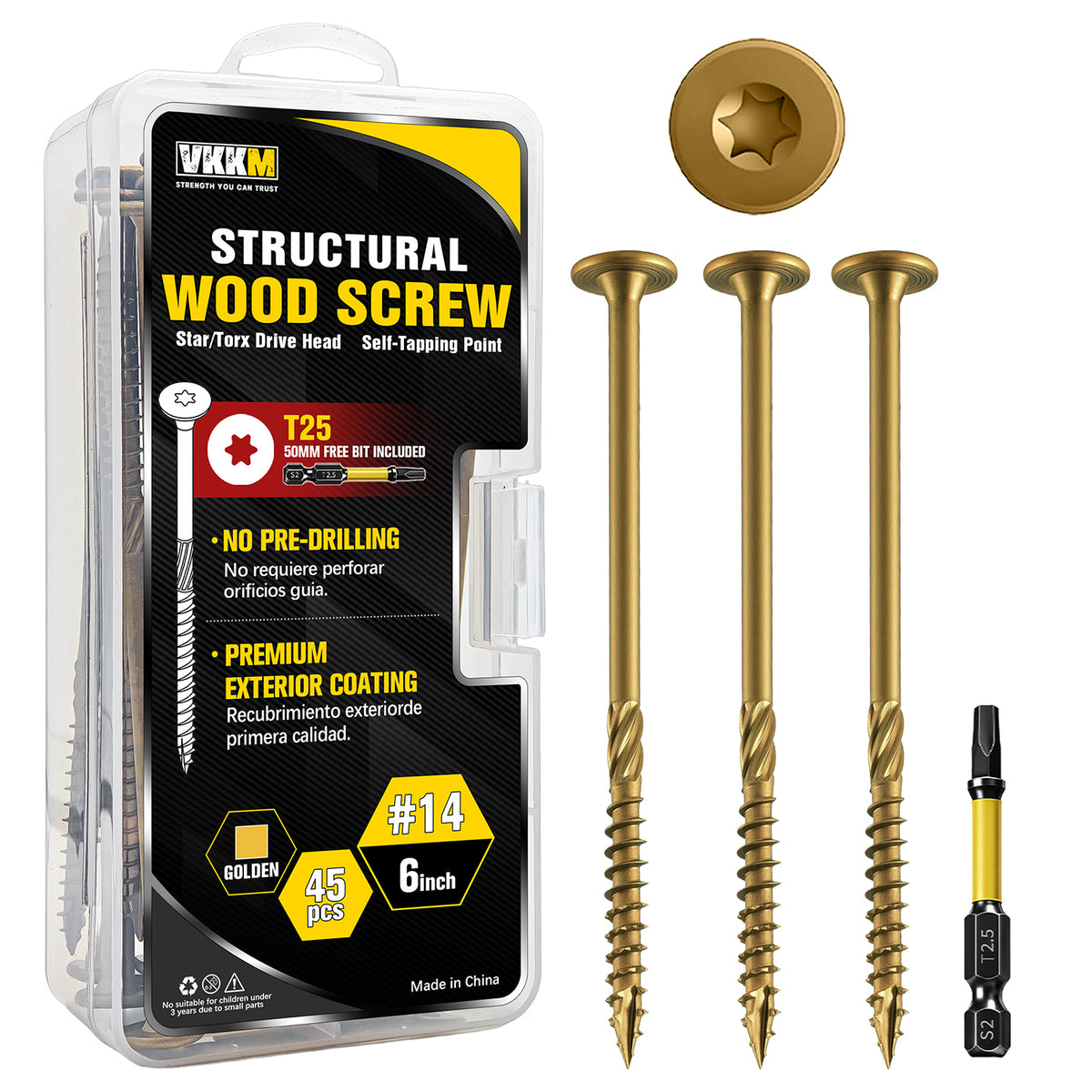 VKKM Yellow-Gold Structural Wood Screws - T30 Torx Flat Head - #14 x 2-7/8", 4-1/2" & 6" Sizes - Free Bit - image 3