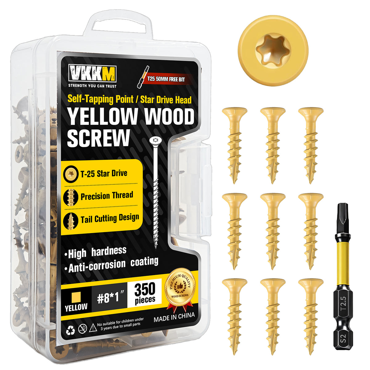 VKKM Yellow Wood Screws - T25 Star Drive with Free Bit
