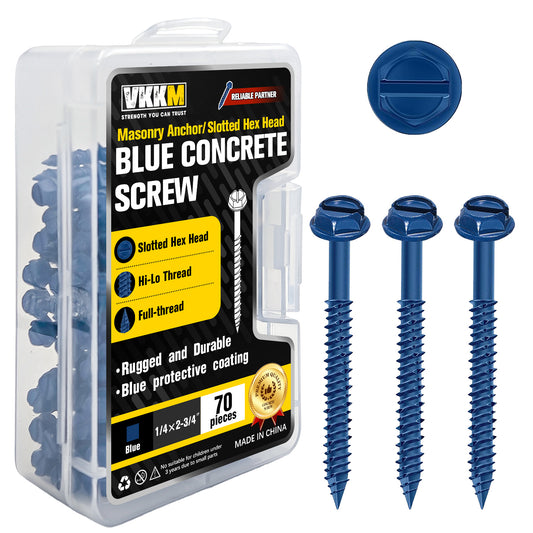 VKKM Slotted Hex Head Concrete Screws - Blue Coated Hi‑Lo Thread - Masonry Fasteners for Concrete & Brick