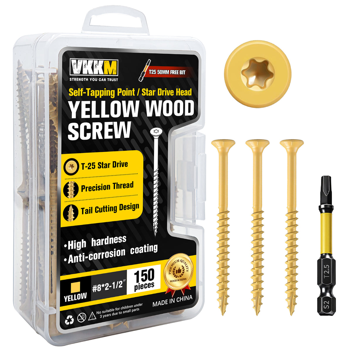 VKKM Yellow Wood Screws - T25 Star Drive with Free Bit - image 6