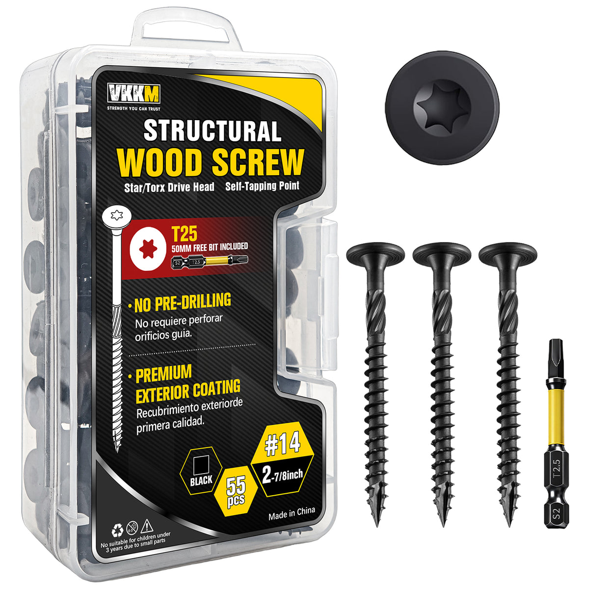 VKKM Black Structural Wood Screws - T30 Torx Flat Head - #14 x 2-7/8" & 4-1/2" Sizes - Free Bit