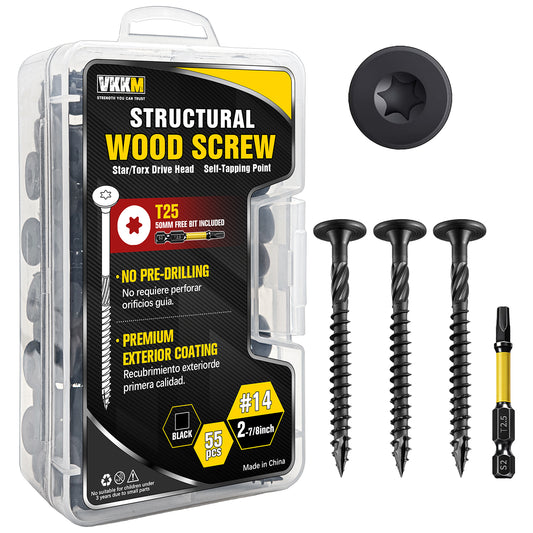 VKKM Black Structural Wood Screws - T30 Torx Flat Head - #14 x 2-7/8" & 4-1/2" Sizes - Free Bit