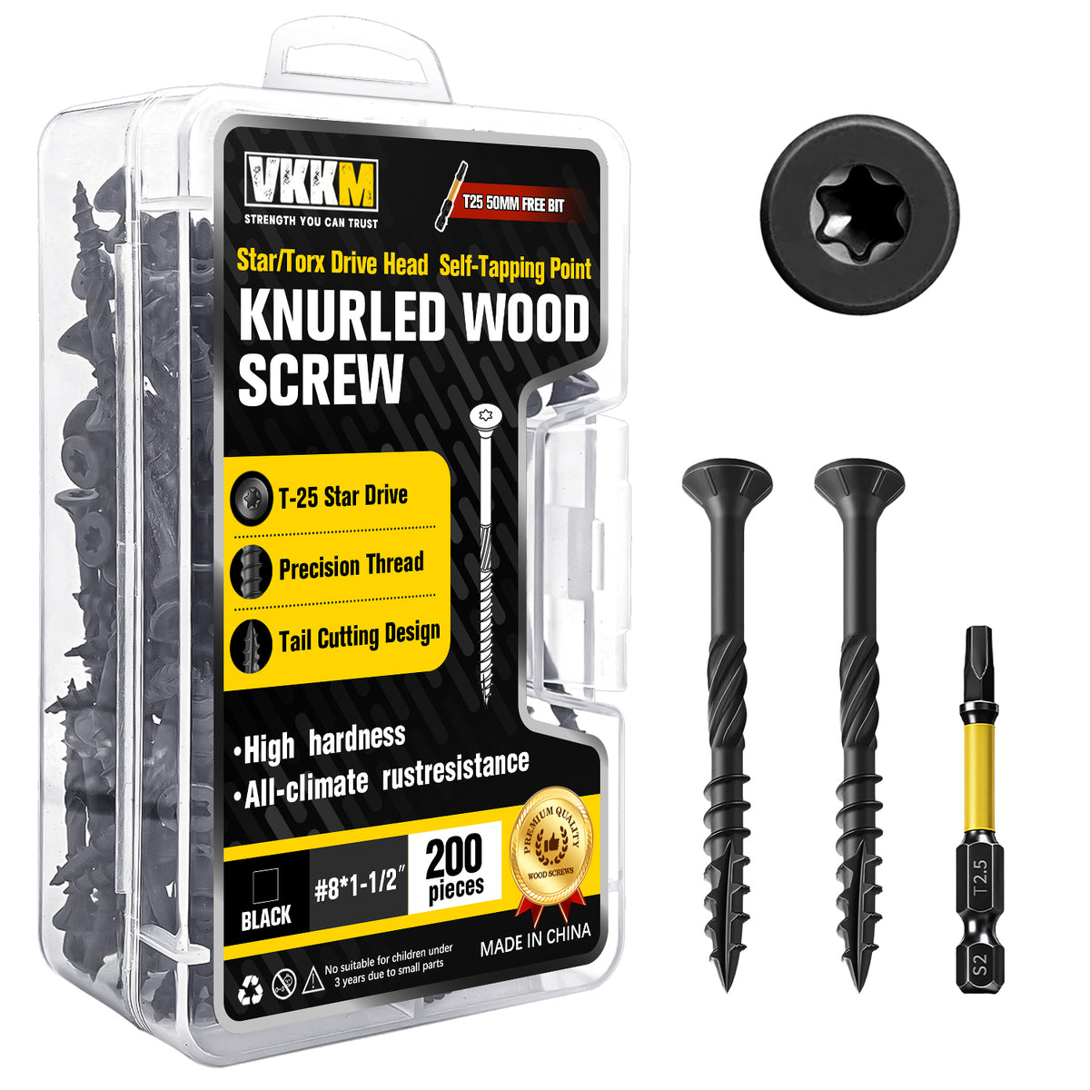 VKKM Black Knurled Wood Screws - T25 Star Drive with Free Bit