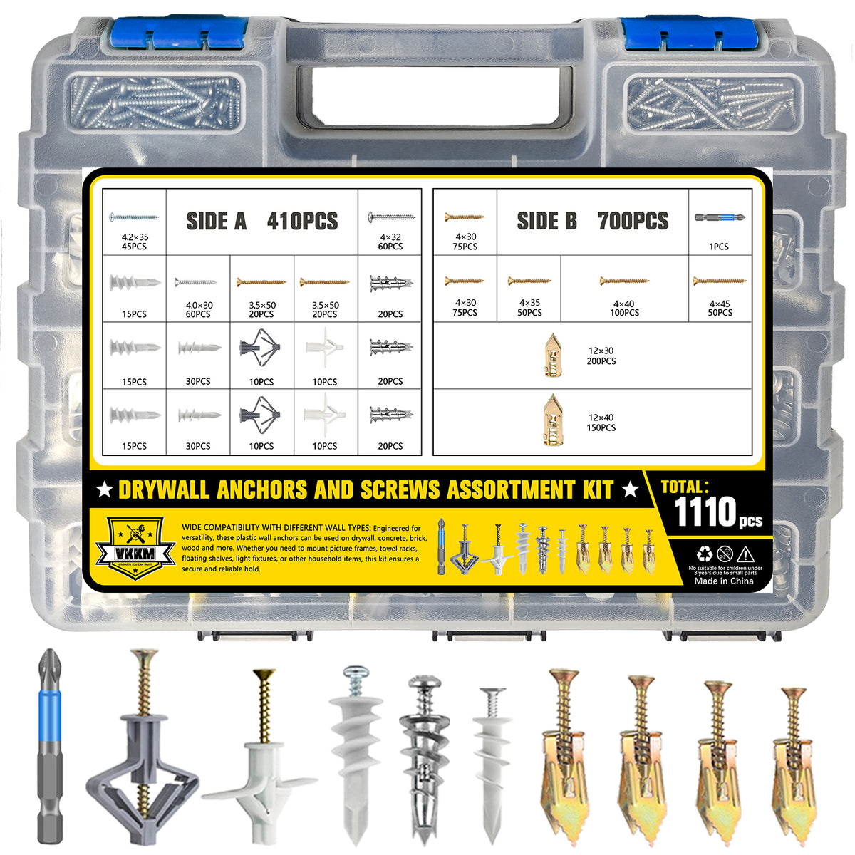 VKKM 1110Pcs Drywall Anchors and Screws Kit - Mixed Wall Plug & Screw Assortment - image 2