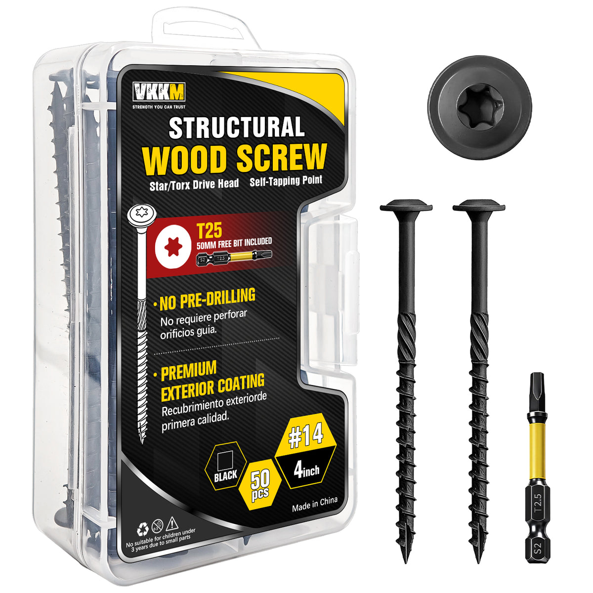VKKM Black Structural Wood Screws - T30 Torx Flat Head - #14 x 3-6 inch Sizes - Free Bit - image 2