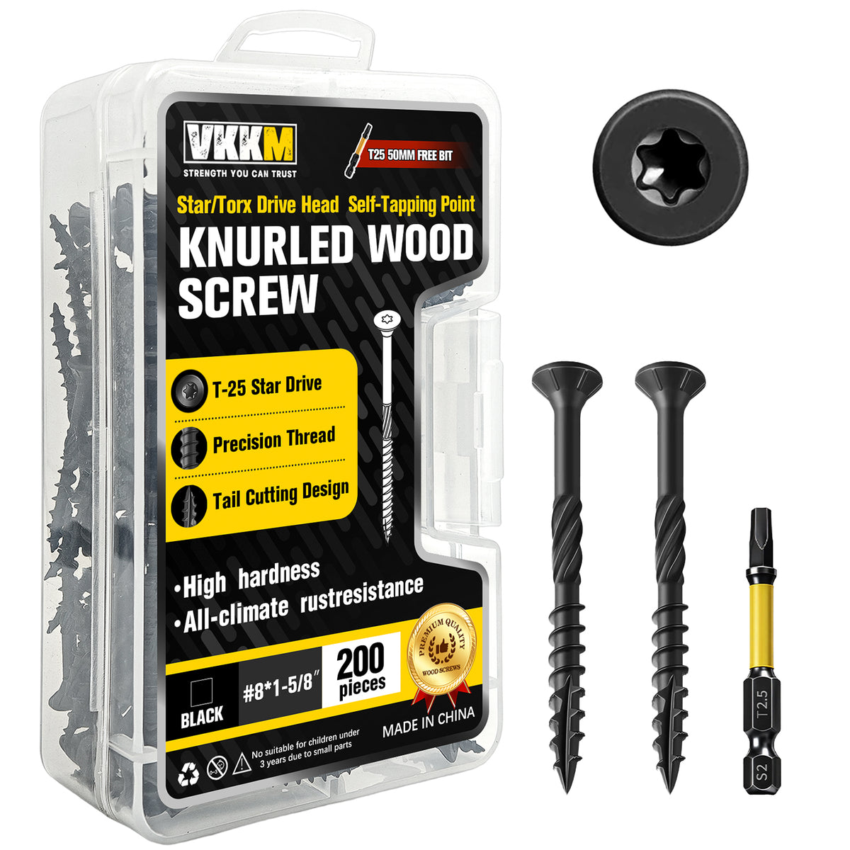 VKKM Black Knurled Wood Screws - T25 Star Drive with Free Bit - image 3