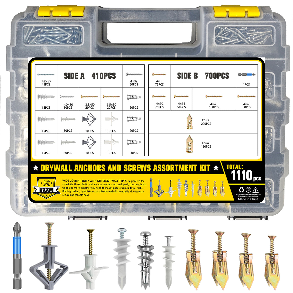 VKKM 1110Pcs Drywall Anchors and Screws Kit - Mixed Wall Plug & Screw Assortment