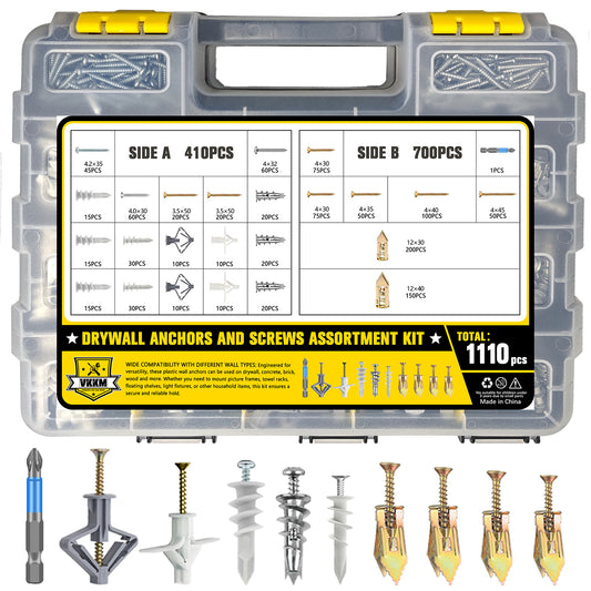 VKKM 1110Pcs Drywall Anchors and Screws Kit - Mixed Wall Plug & Screw Assortment