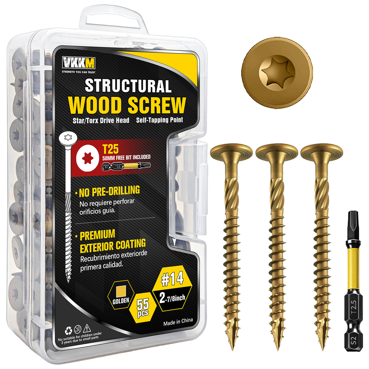 VKKM Yellow-Gold Structural Wood Screws - T30 Torx Flat Head - #14 x 2-7/8", 4-1/2" & 6" Sizes - Free Bit