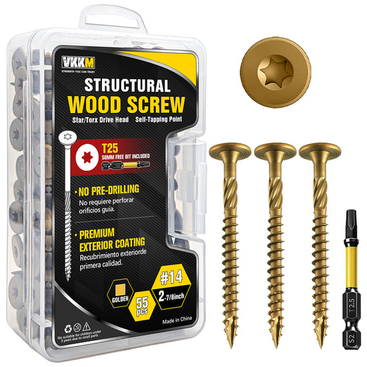 VKKM Yellow-Gold Structural Wood Screws - T30 Torx Flat Head - #14 x 2-7/8", 4-1/2" & 6" Sizes - Free Bit