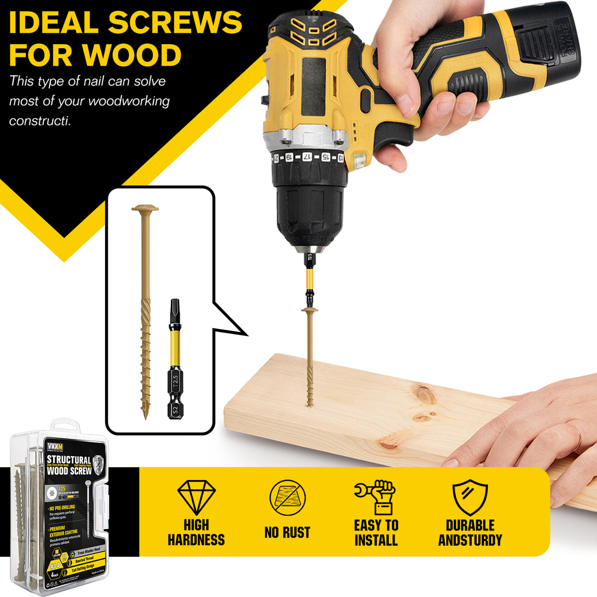 VKKM Yellow-Gold Structural Wood Screws - T30 Torx Flat Head - #14 x 3-6 inch Sizes - Free Bit - image 6