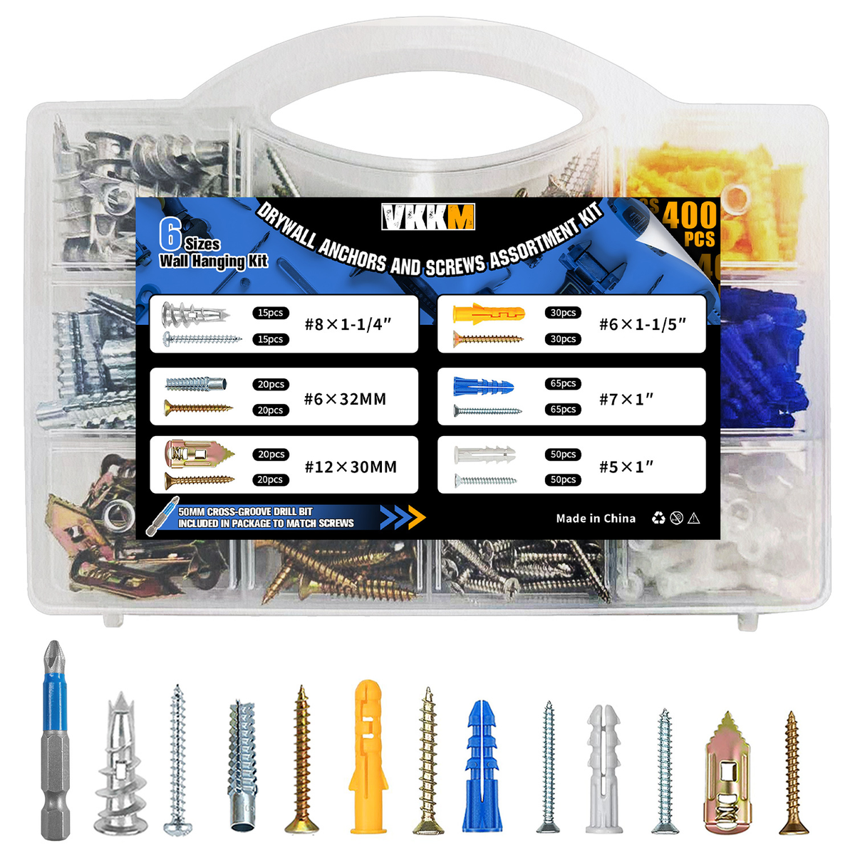 VKKM 400Pcs Drywall Anchors and Screws Kit - Wall Fastener Set with Drill Bit