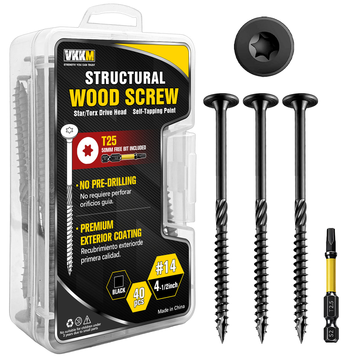 VKKM Black Structural Wood Screws - T30 Torx Flat Head - #14 x 2-7/8" & 4-1/2" Sizes - Free Bit - image 2