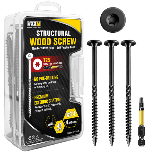 VKKM Black Structural Wood Screws - T30 Torx Flat Head - #14 x 2-7/8" & 4-1/2" Sizes - Free Bit - image 2