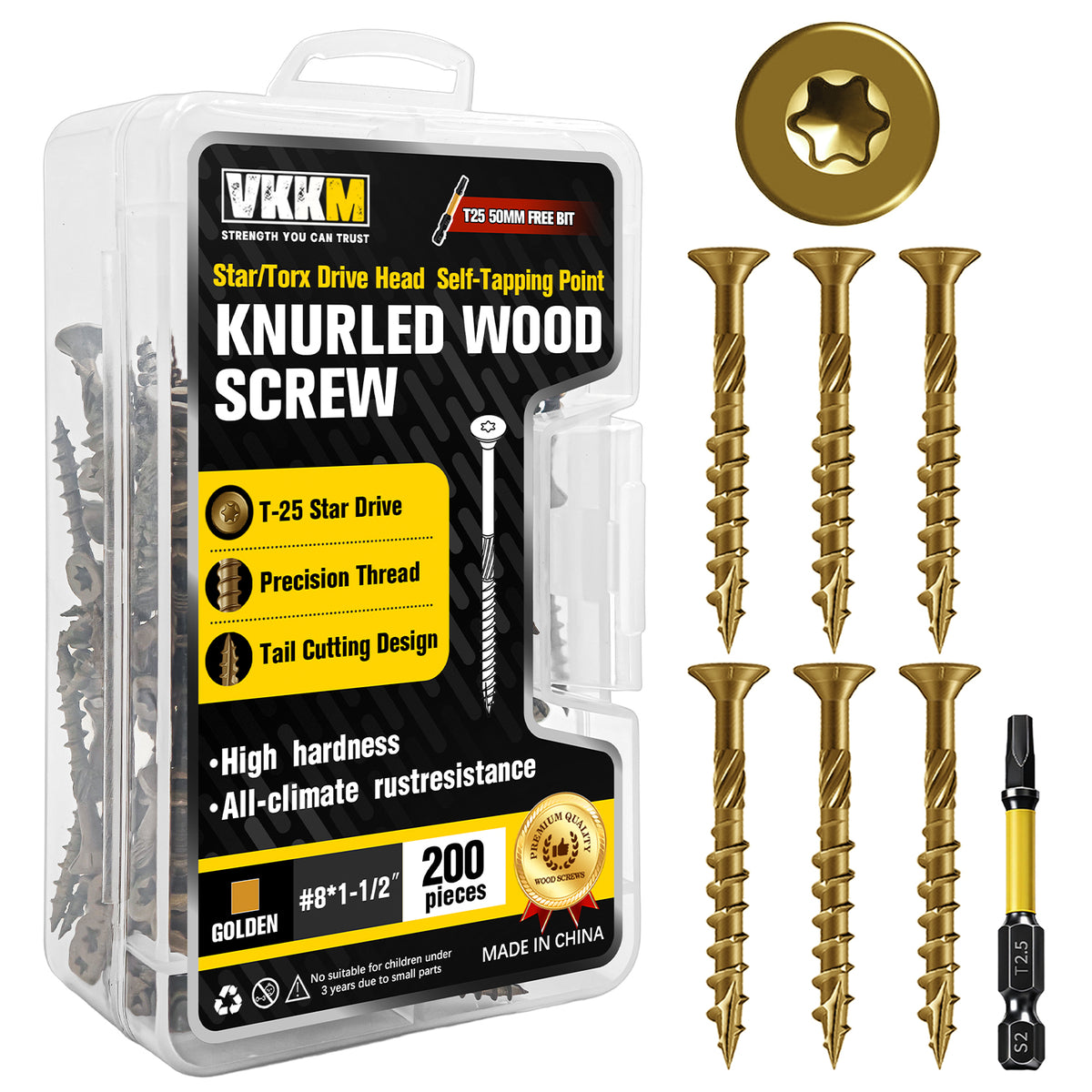 VKKM Golden Knurled Wood Screws - T25 Star Drive with Free Bit