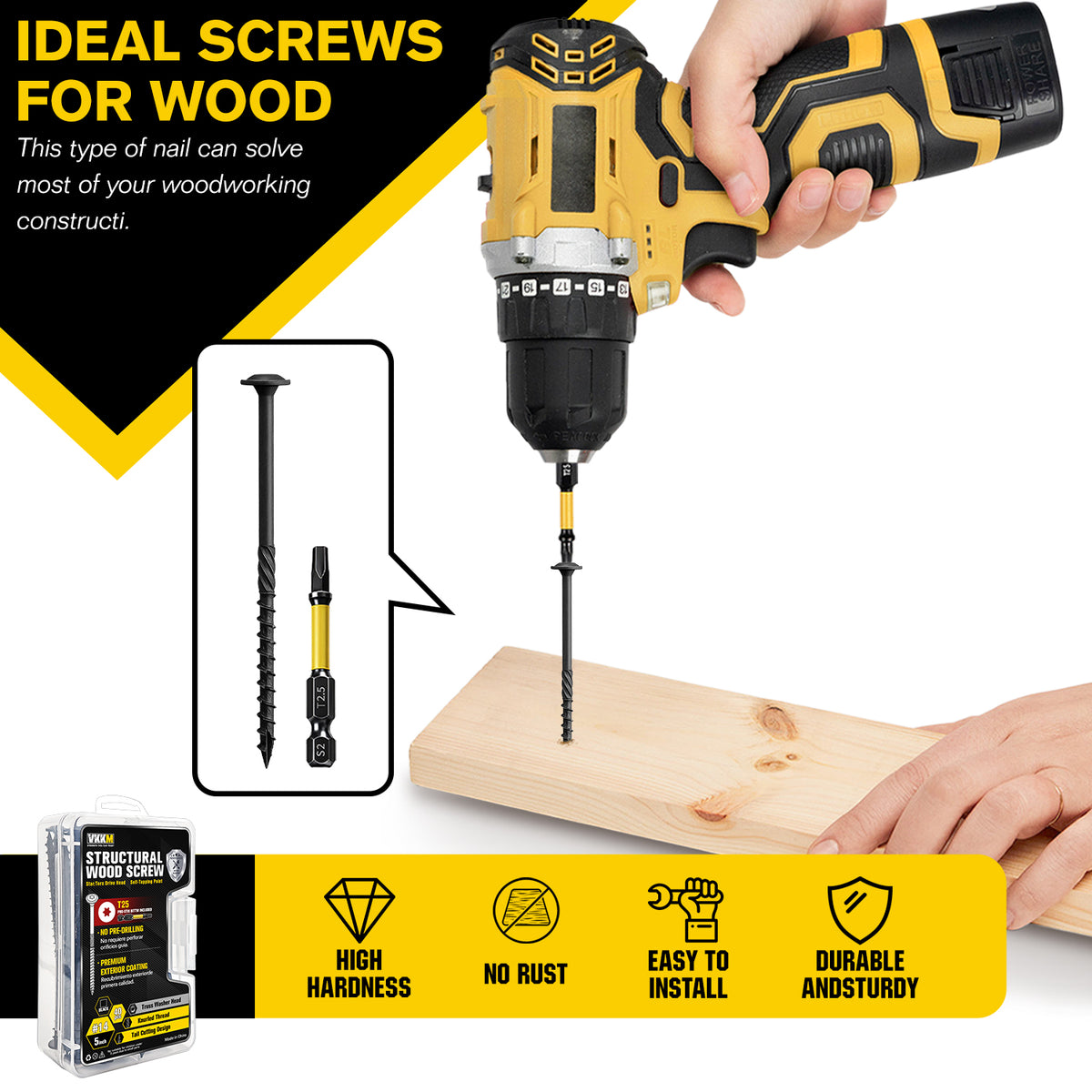 VKKM Black Structural Wood Screws - T30 Torx Flat Head - #14 x 3-6 inch Sizes - Free Bit - image 6