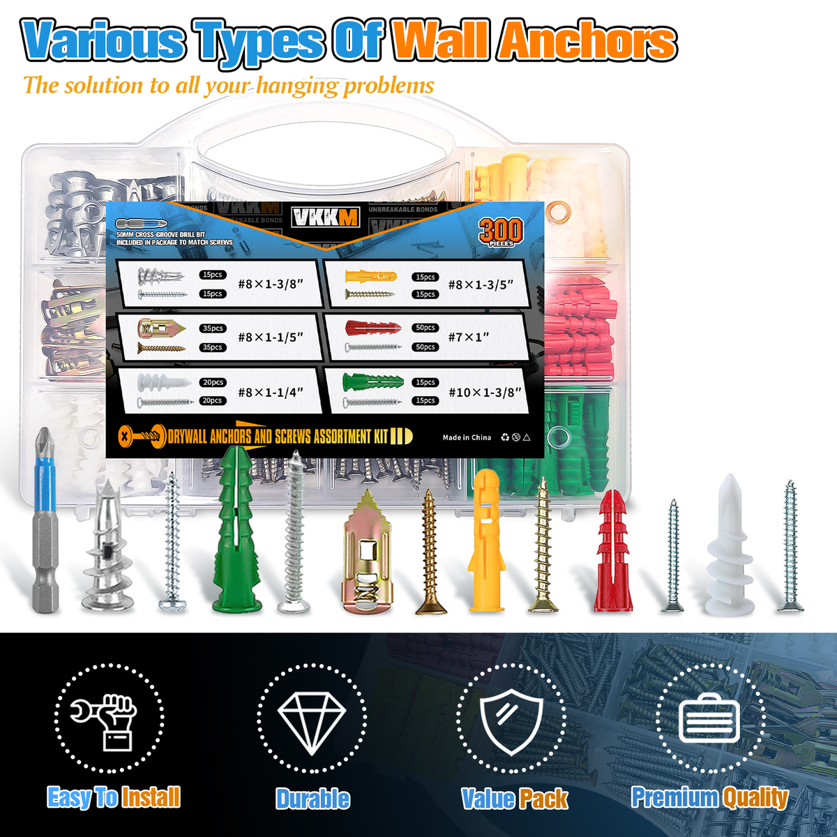 VKKM Drywall Anchors and Screws Assortment Kit - 300 Pack - image 6