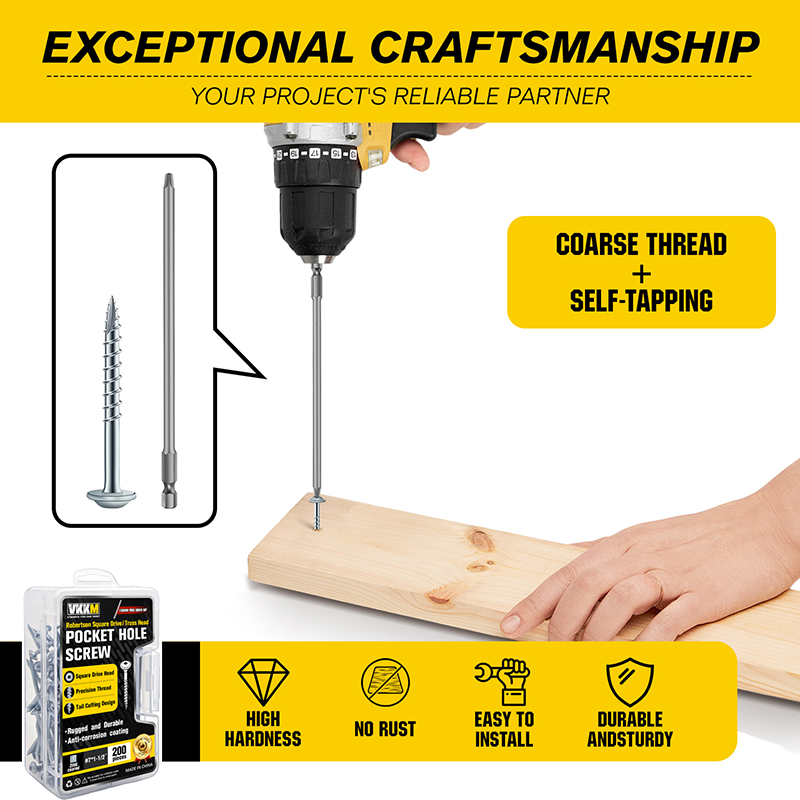 VKKM Zinc Pocket Hole Screws - Square Drive Truss‑Head Wood Screws with Free Bit - image 9