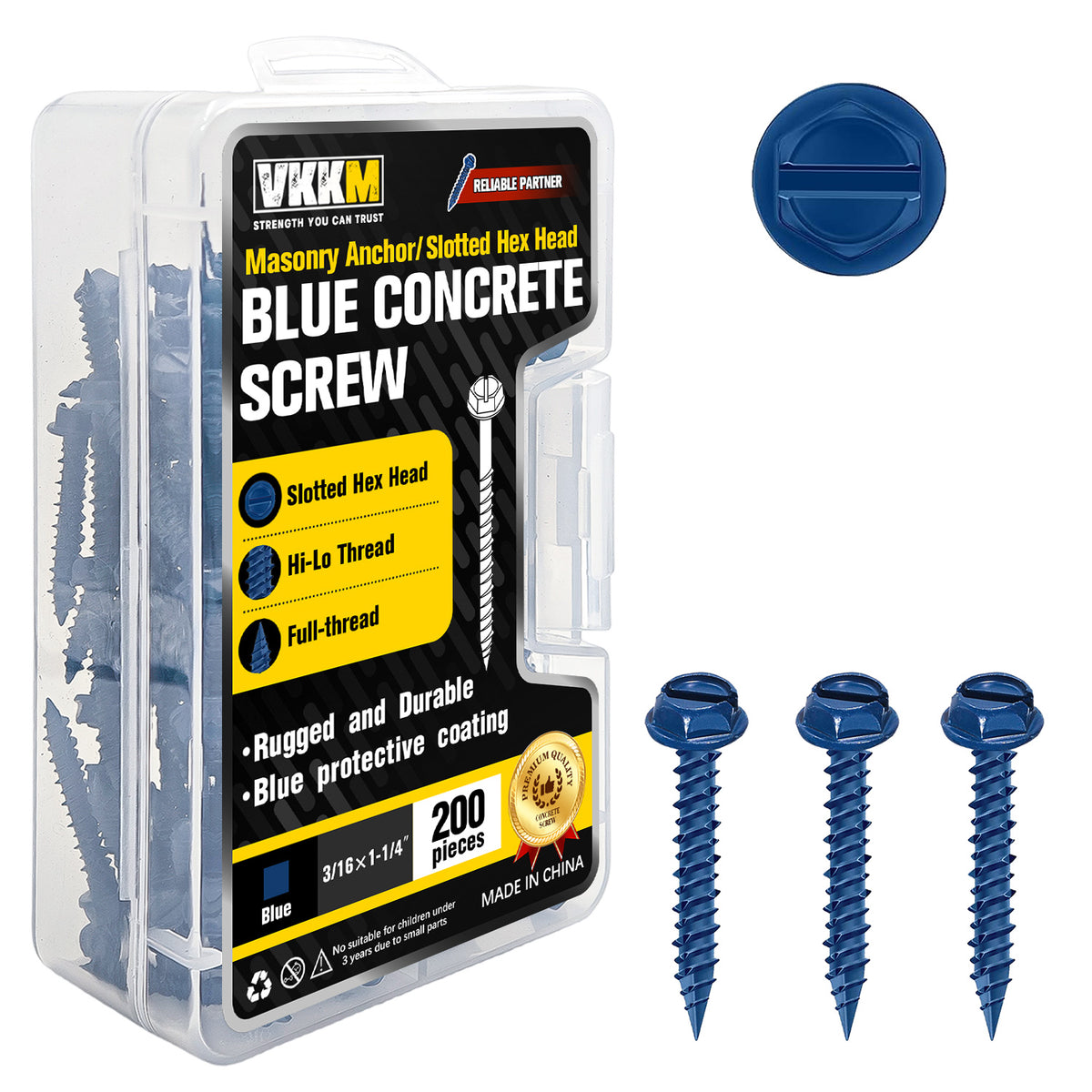 VKKM Slotted Hex Head Concrete Screws - Blue Coated Hi‑Lo Thread - Masonry Fasteners for Concrete & Brick - image 2