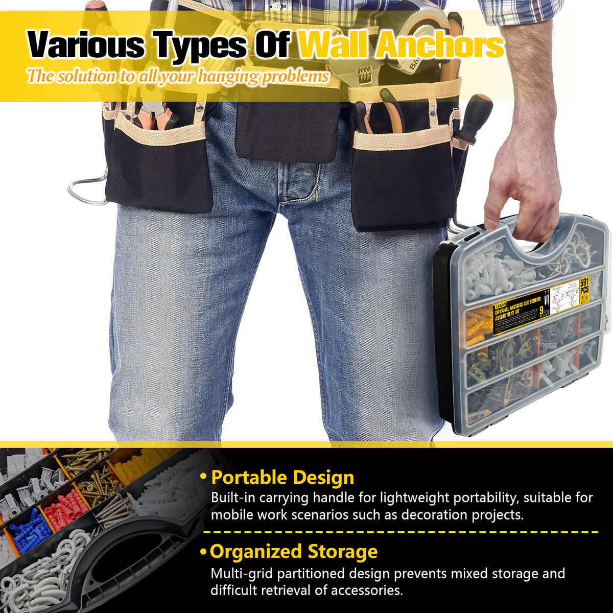 VKKM 591Pcs Drywall Anchors & Screws Kit 9‑Sizes Wall Fastener & Hook Assortment - image 6