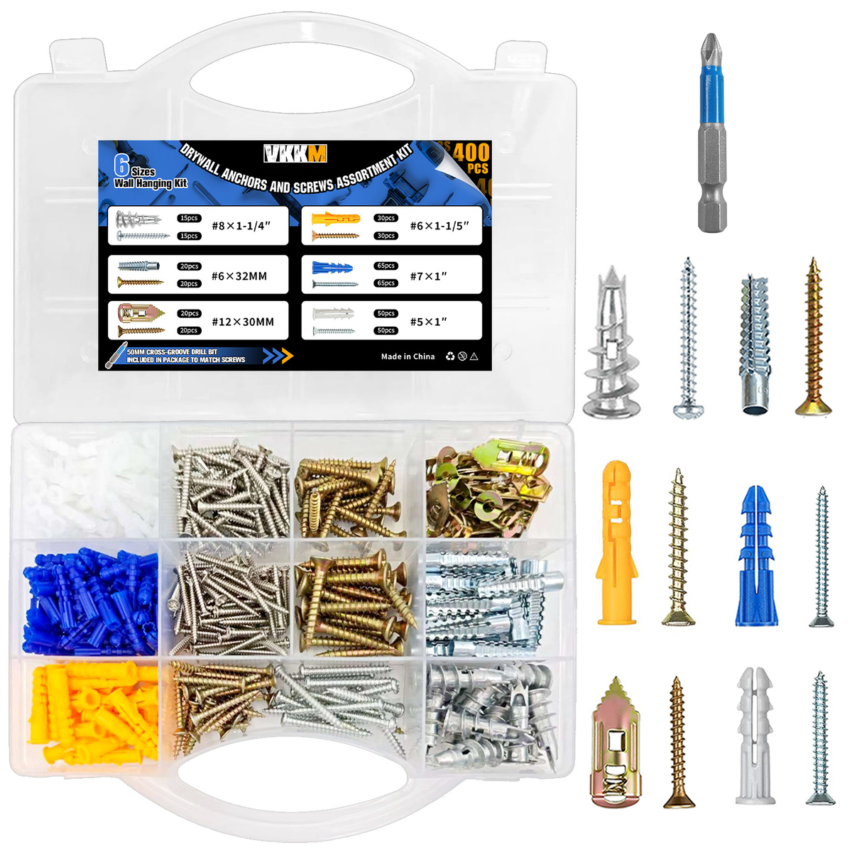 VKKM 400Pcs Drywall Anchors and Screws Kit - Wall Fastener Set with Drill Bit - image 2