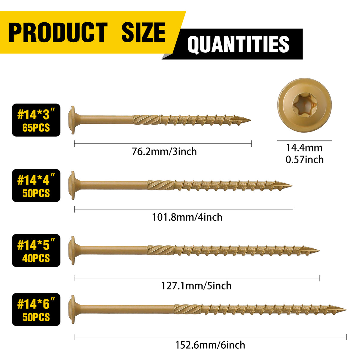 VKKM Yellow-Gold Structural Wood Screws - T30 Torx Flat Head - #14 x 3-6 inch Sizes - Free Bit - image 5