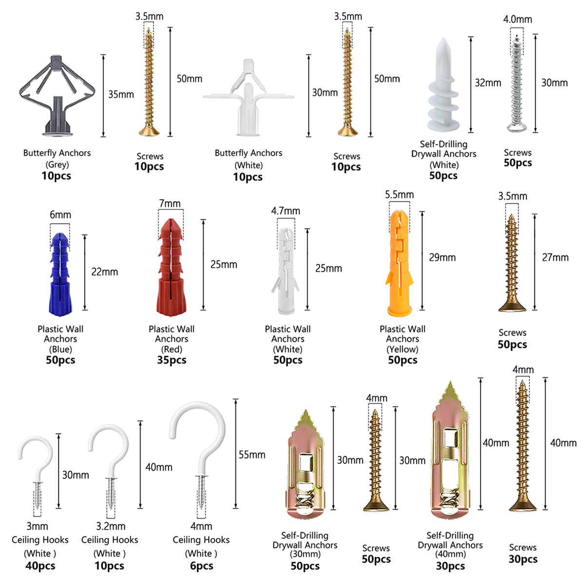 VKKM 591Pcs Drywall Anchors & Screws Kit 9‑Sizes Wall Fastener & Hook Assortment - image 3