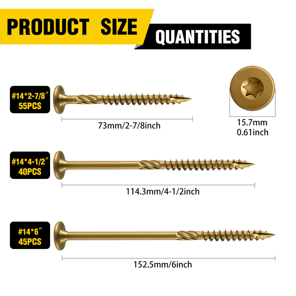VKKM Yellow-Gold Structural Wood Screws - T30 Torx Flat Head - #14 x 2-7/8", 4-1/2" & 6" Sizes - Free Bit - image 4