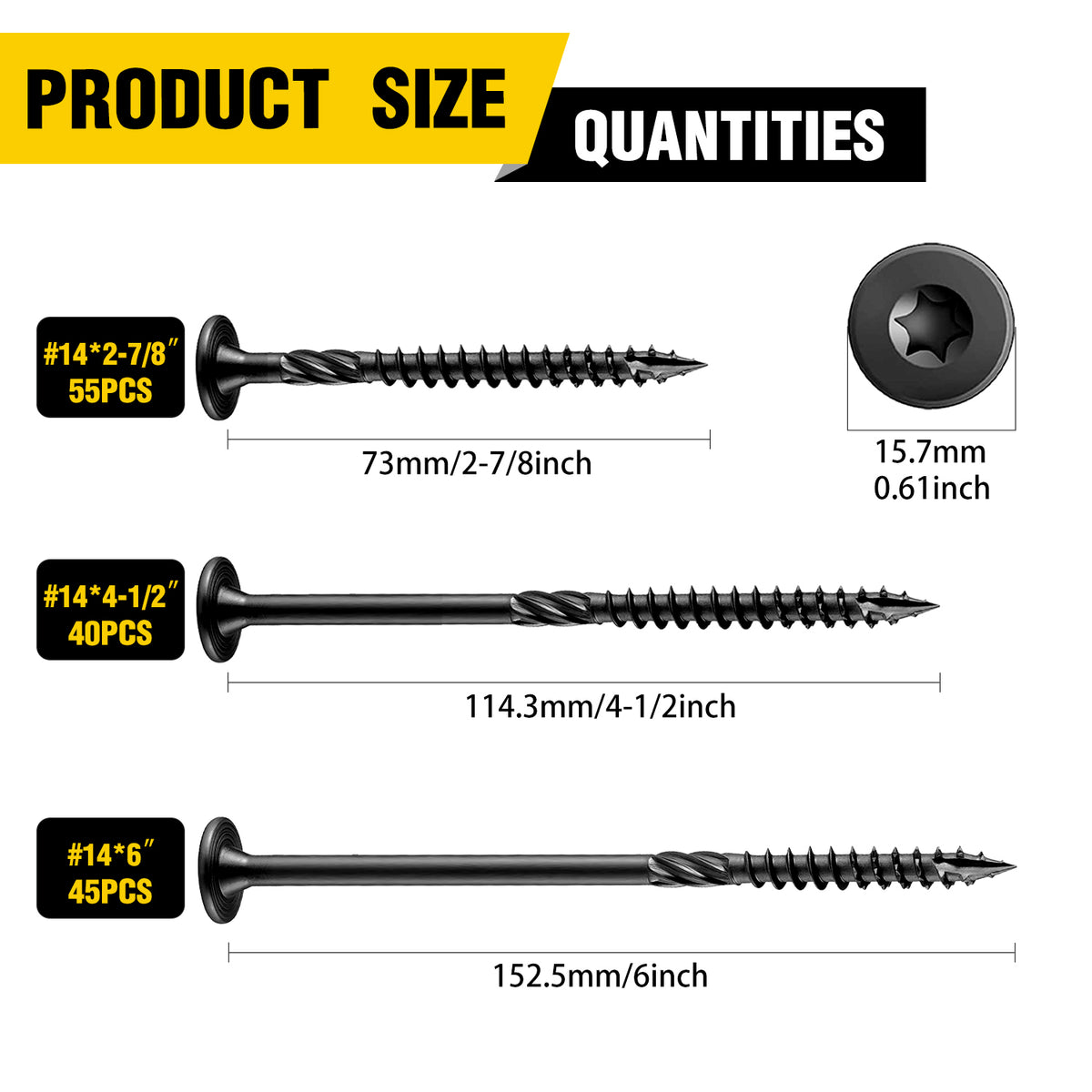 VKKM Black Structural Wood Screws - T30 Torx Flat Head - #14 x 2-7/8" & 4-1/2" Sizes - Free Bit - image 3