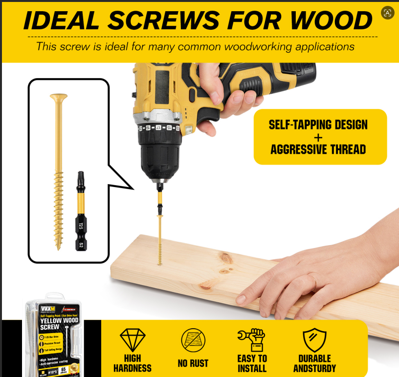 VKKM Yellow Wood Screws - T25 Star Drive with Free Bit - image 15