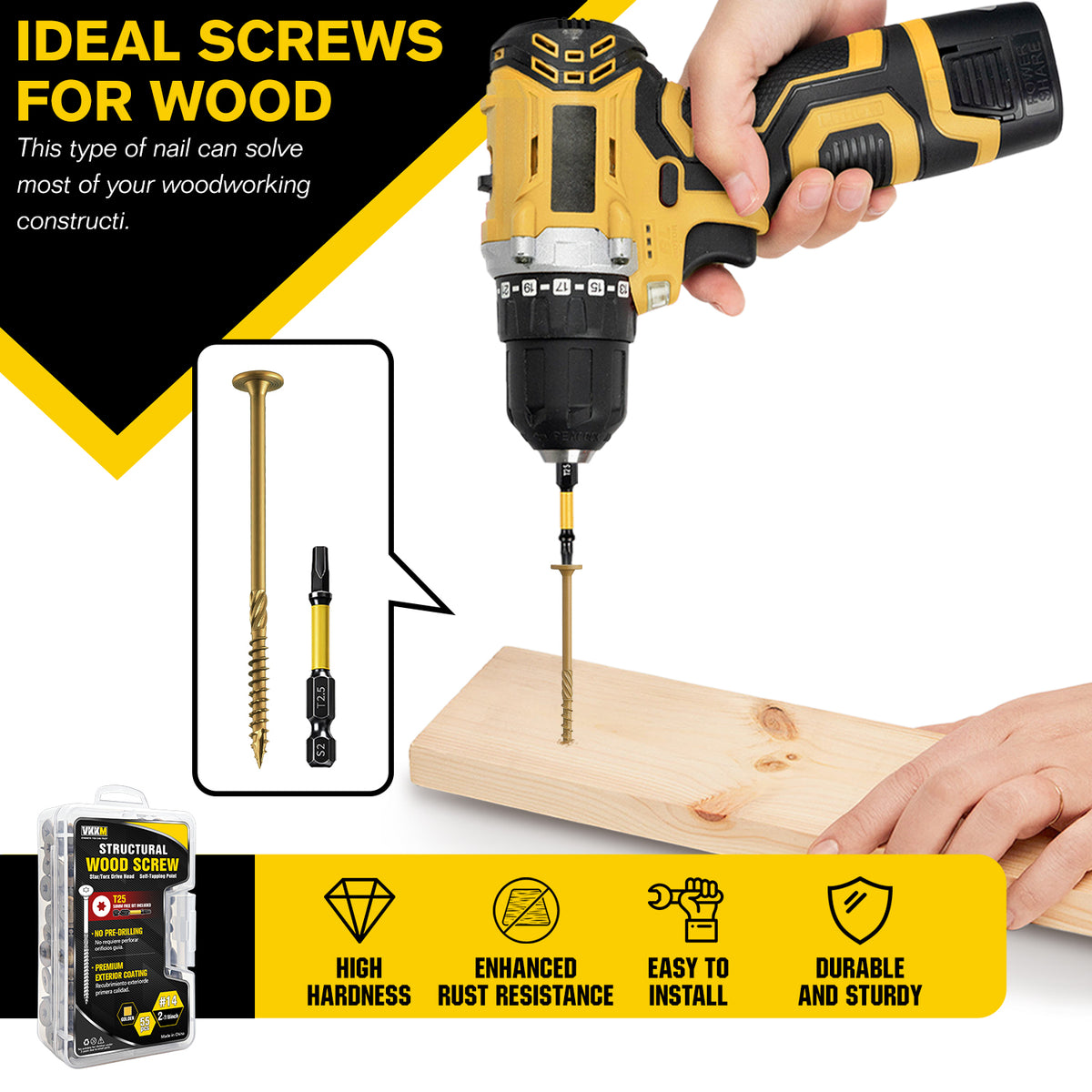 VKKM Yellow-Gold Structural Wood Screws - T30 Torx Flat Head - #14 x 2-7/8", 4-1/2" & 6" Sizes - Free Bit - image 5